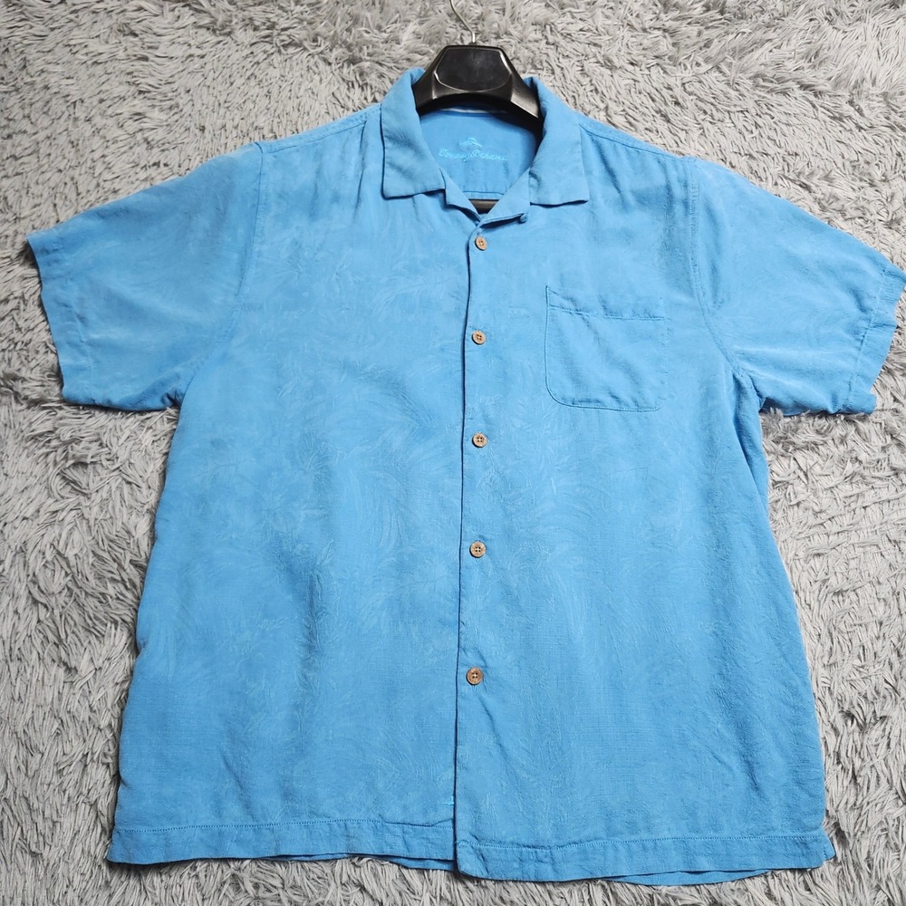 Tommy Bahama Silk Shirt Mens XL Blue Floral Camp Short Sleeve Button Up Hawaiian